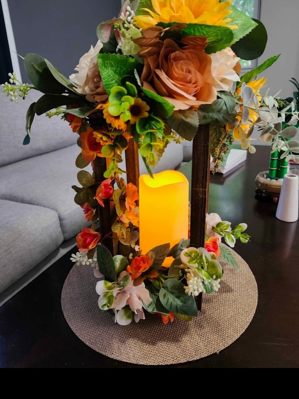 **Lot Of 7** Artificial Floral Wood Lantern Centerpieces with Candle